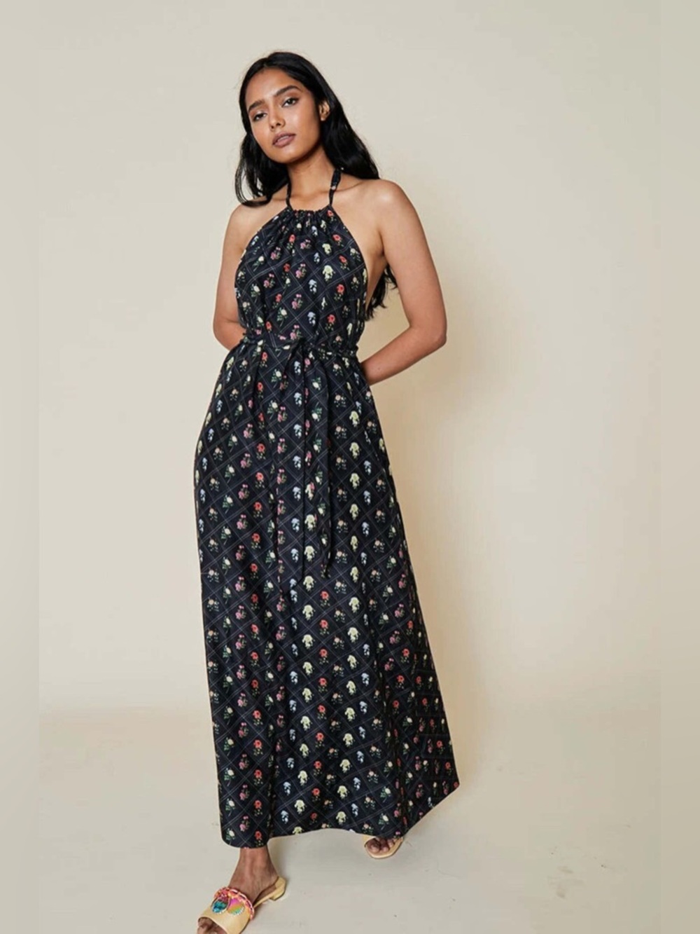 NWT Rachel antonoff Rainey black halter floral silk cotton backless maxi dress M